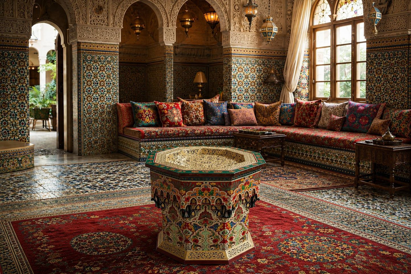 Table en cuivre et bois muqarnas