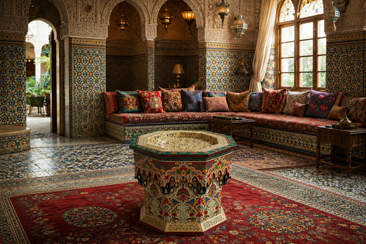 Table en cuivre et bois muqarnas