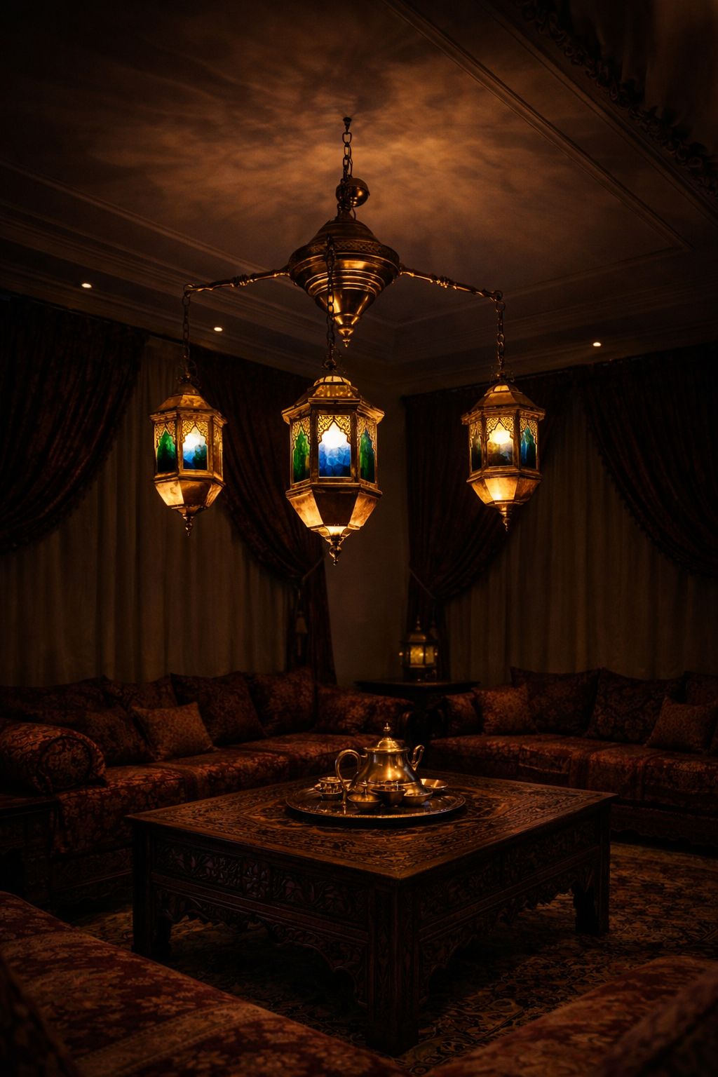 Lustre en cuivre avec phares en verre irakien