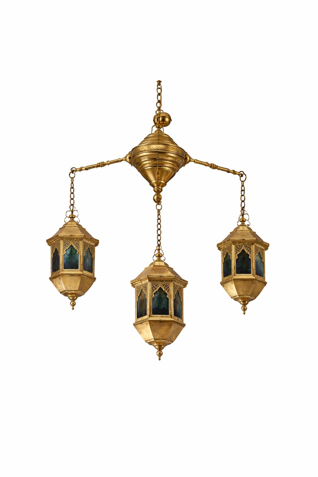 Lustre en cuivre avec phares en verre irakien
