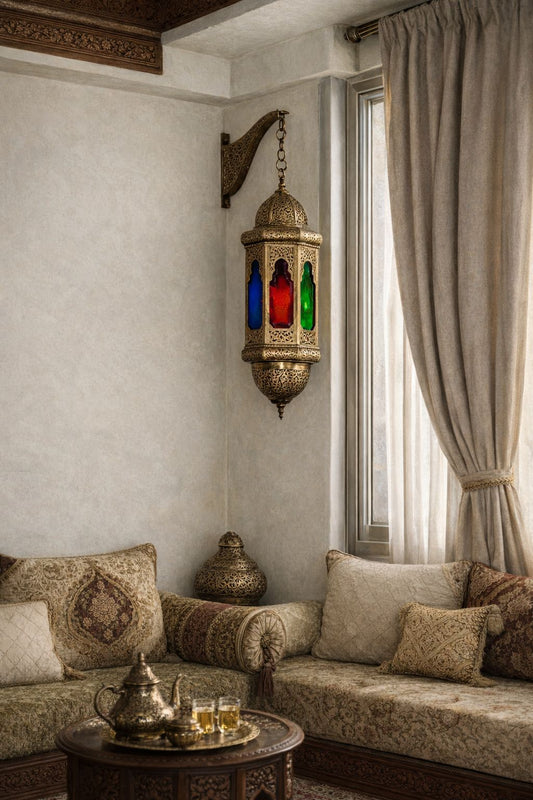 Iraqi copper and glass lantern pendant light