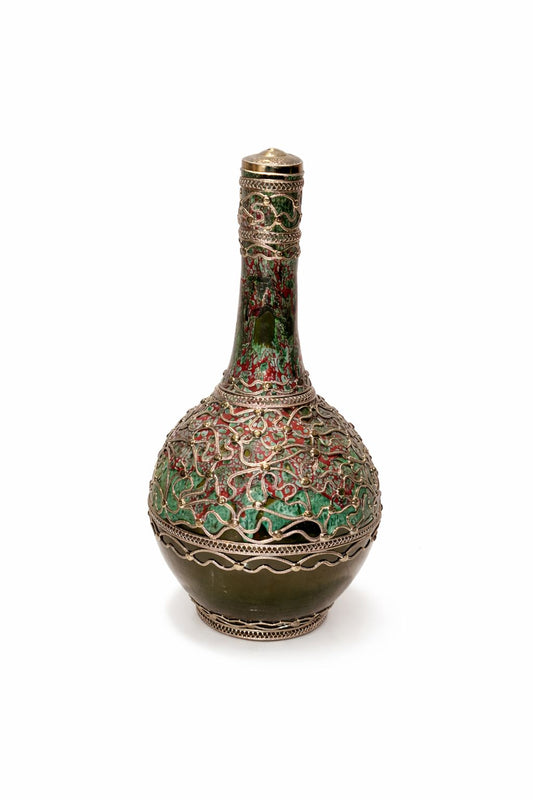 Handmade decorative terracotta bottle with wire trim