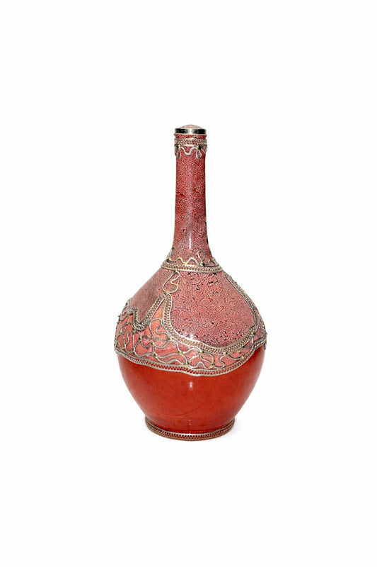 Handmade decorative terracotta bottle with wire trim