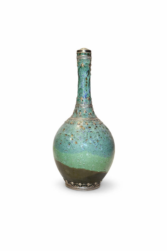 Handmade decorative terracotta bottle with wire trim