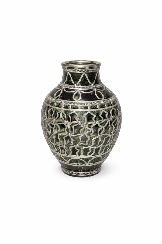Vase décoratif traditionnel en poterie avec fil métallique fait main